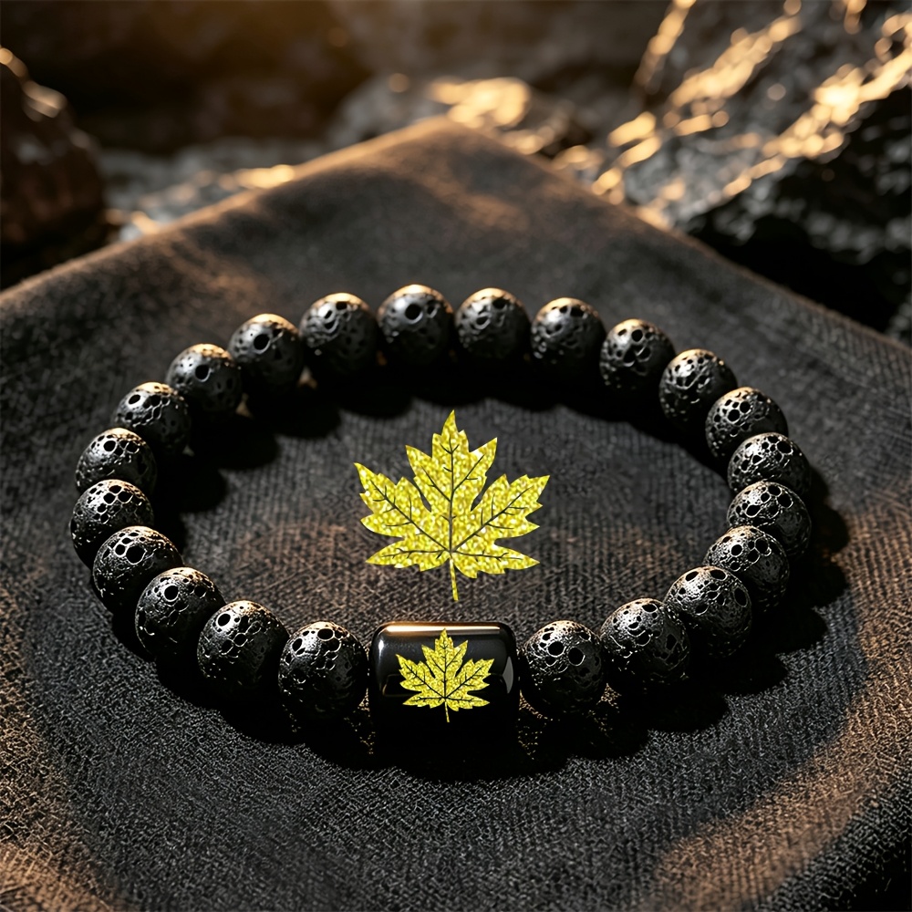 Natural Stone Beaded Bracelet with Golden Maple Leaf